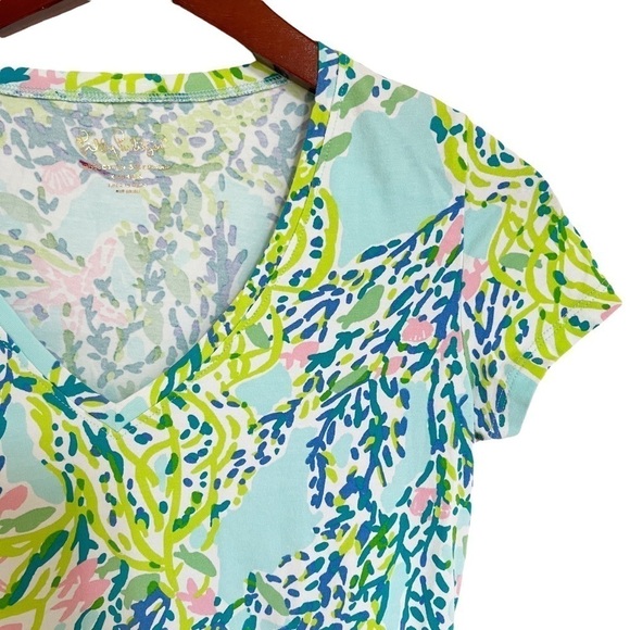 LILLY PULITZER V Neck Coral Reef Print Top Size XXS in Light Blue, Pink, Yellow - Picture 6 of 11